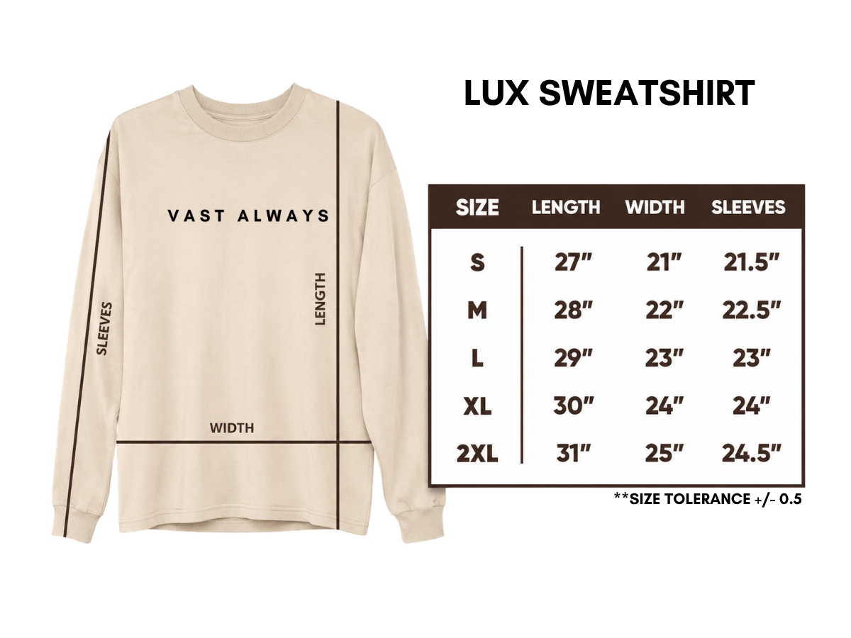 Lux Sweatshirts Size Guide Chart